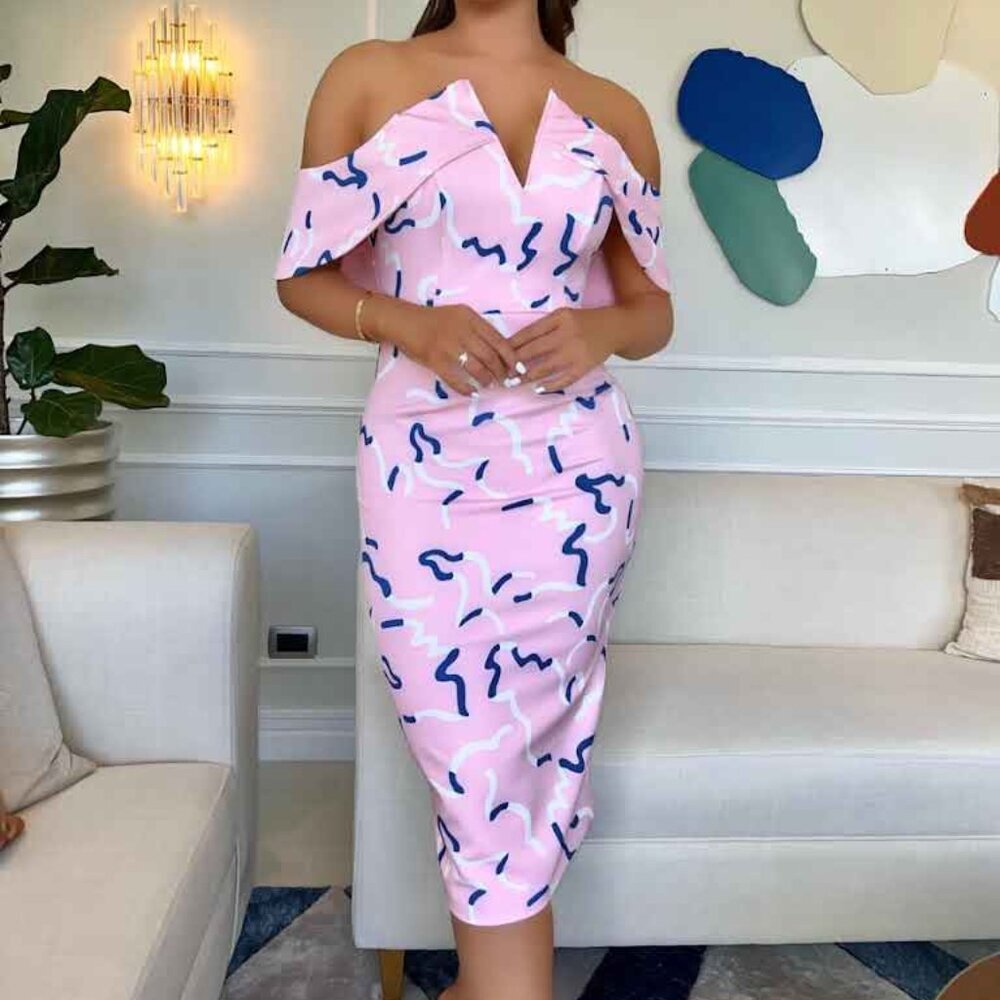Lavish Alice Pink Off-Shoulder Sheath Dress with Abstract Print Plunge Neck 14